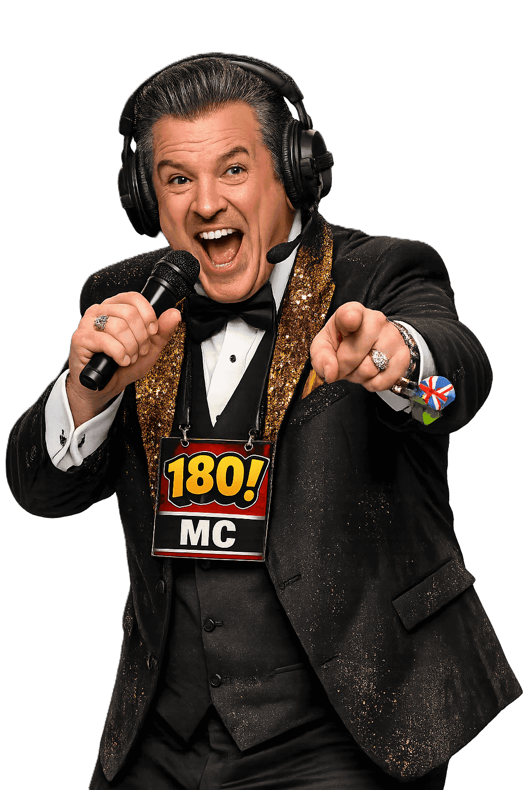 Darts referee announcing key moments
